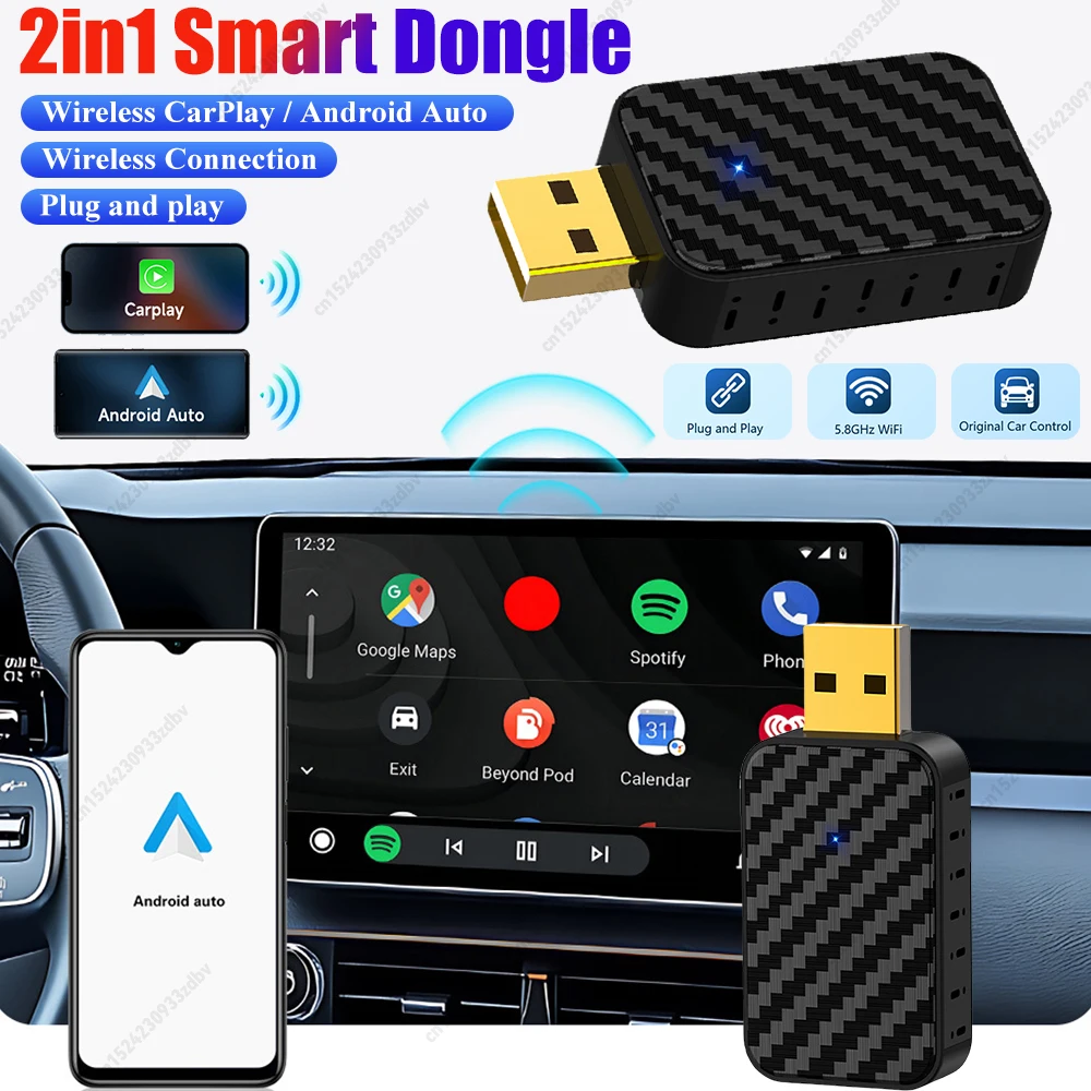 Wired To Wireless Carplay & Android Auto Wireless Adapter Bluetooth-Compatible 5.0 for Cars with OEM Wired CarPlay Android Auto