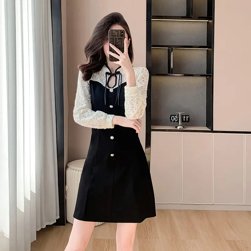 

Chinese Disc Buckle Vintage Mini Dress Women's Clothing Fashion Stand Collar Hollow Out Spring Autumn Elegant A-Line Dresses New