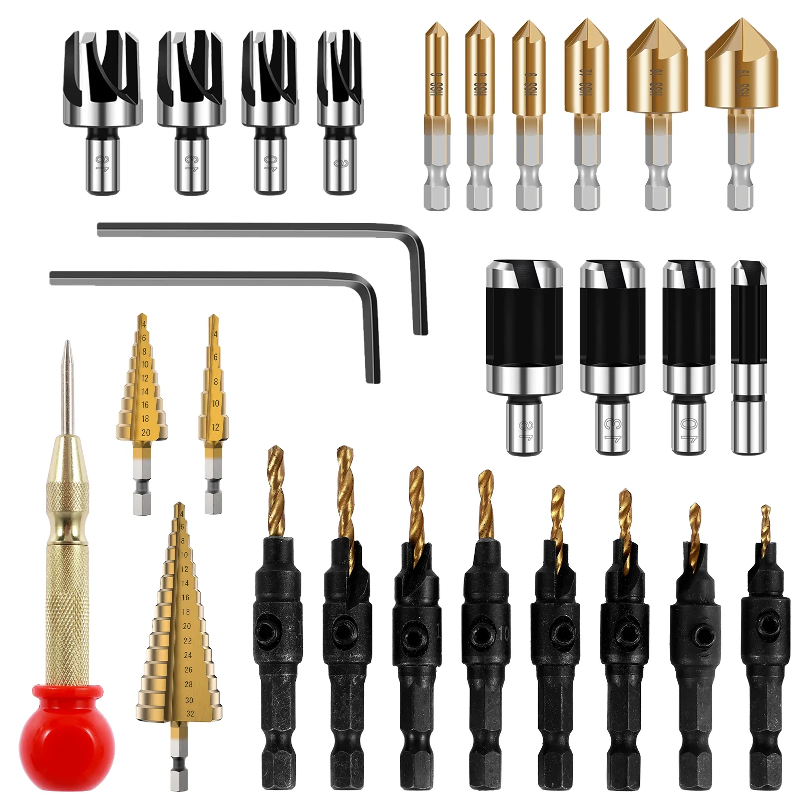 28Pcs Woodworking Chamfer Drilling Tool Kit with 8pcs Wood Plug Cutter Drill Bit 3pcs Step Drill Bit 1pc Center Punch 6pcs 5