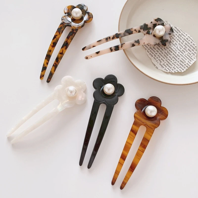 Japan Hair Stick Women Hair Clips Elegant Flowers Pearl U Shape Acetate Hair Clip Girls Hair Sticks Hair Accessories 2022 New