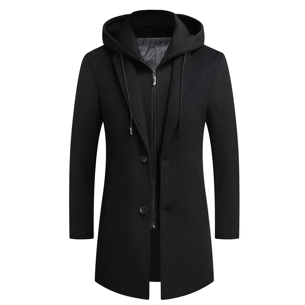 2026 New Men's Korean Style Casual Woolen CoatMedium Length Removable Hood Trendy Fashion Jacket For Men's Fashion Wear