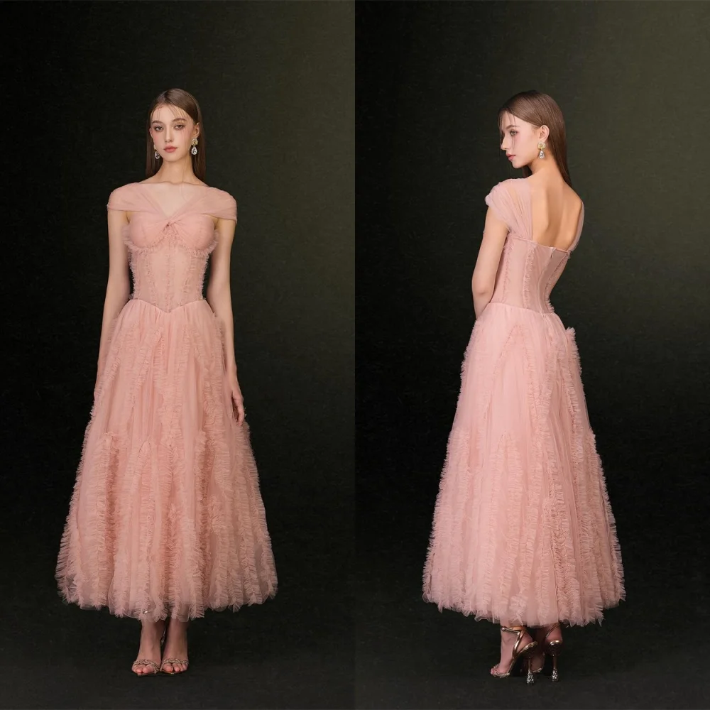 

Customized Fashion Pink Tulle Evening Dress Exquisite V-Neck Cap Sleeve Sleeveless Zipper Back Tiered Special Occasion Gowns