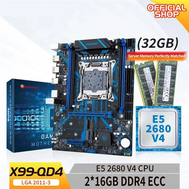 New! X99 QD4 LGA 2011-3 XEON X99 Motherboard with Intel E5 2680 v4 with 2*16G DDR4 RECC memory combo kit set NVME SATA