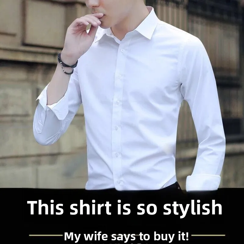 Business Casual Men's Long Sleeve Shirt Office Wear Iron-Free Loose Fit Pure Color Autumn Shirt Youth Popular Style Polyester...