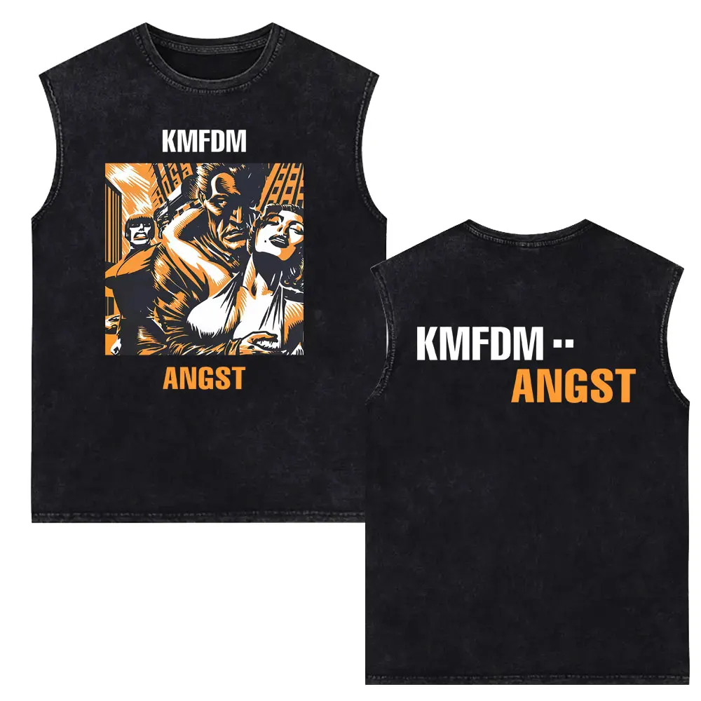 Rock Band Kmfdm Angst Vintage Washed Tank Tops Men Women Retro Gothic Punk Sleeveless Vest T Shirt Male Casual Cotton Streetwear