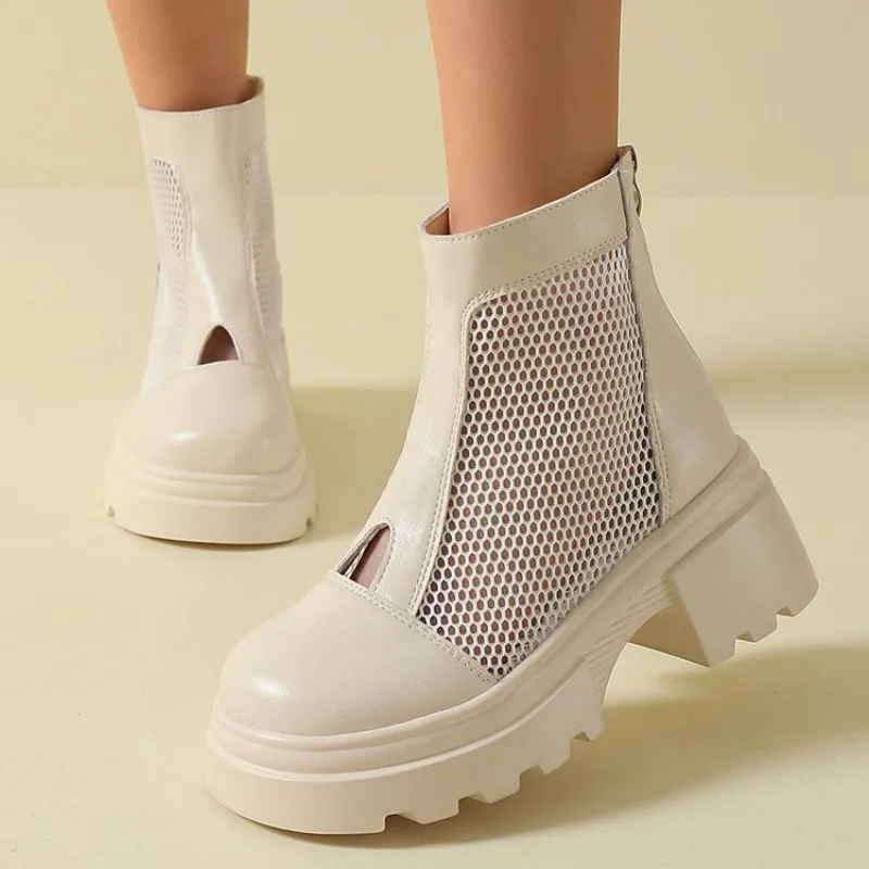 Botines de mujer con punta redonda, tacón medio, plataforma, detalle de malla recortada, cierre de cremallera, calzado informal de verano estilo punk urbano 2026