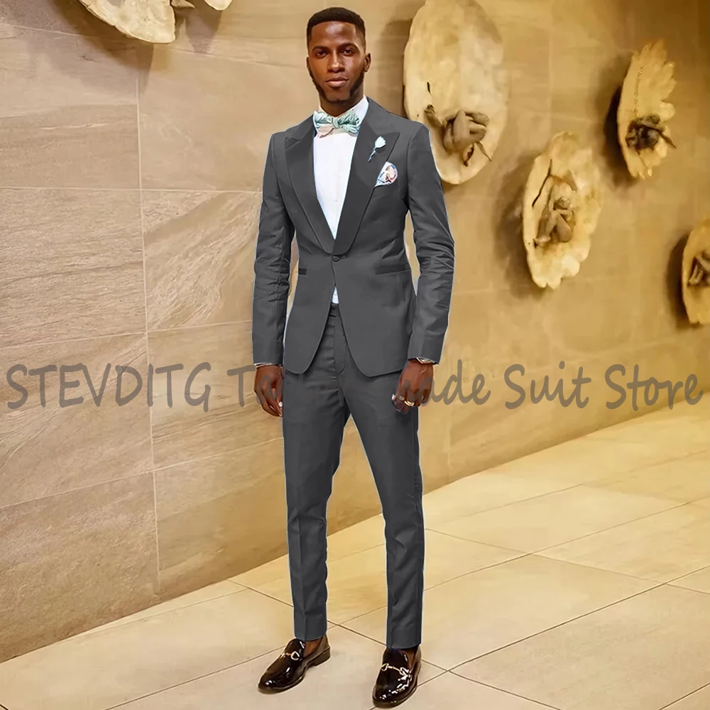 Wedding Men's Suits Blue Single Breasted Peak Lapel One Button Slim Fit Elegant Groom Outfits Set 2 Piece Jacket Pants Set