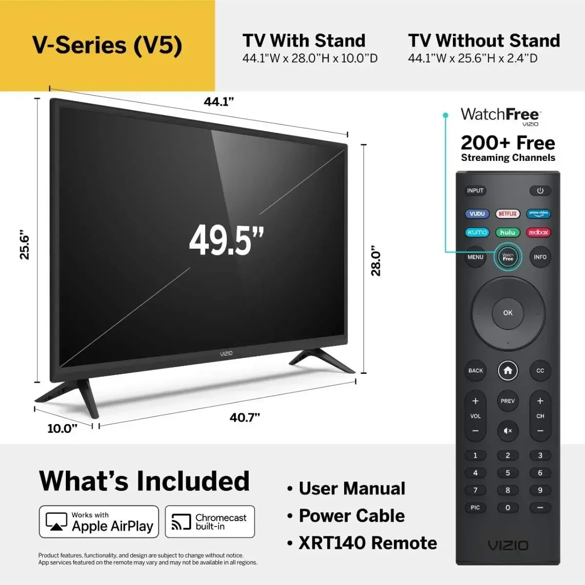 애플 에어플레이 및 크롬캐스트 내장 스마트 TV, V 시리즈 UHD LED HDR 텔레비전, 50 인치, 4K