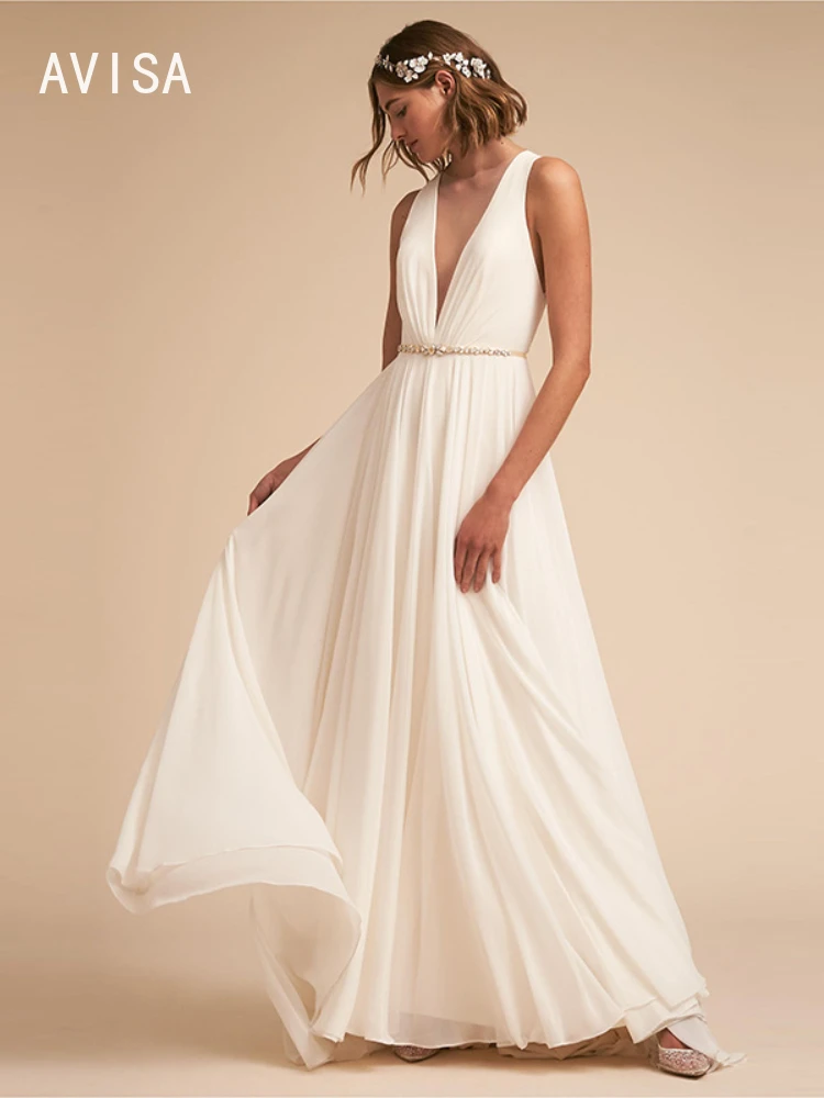 

Sexy Simple Wedding Dress Deep V-neck Sleeveless Backless vestido de novia Backless A-line robe de mariée Weddding Party