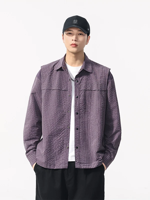 

American Retro Texture Bubble irt Long Sve Casual Workwear irt Coat for Men Loose Plaid Autumn Season Polyester Rayon