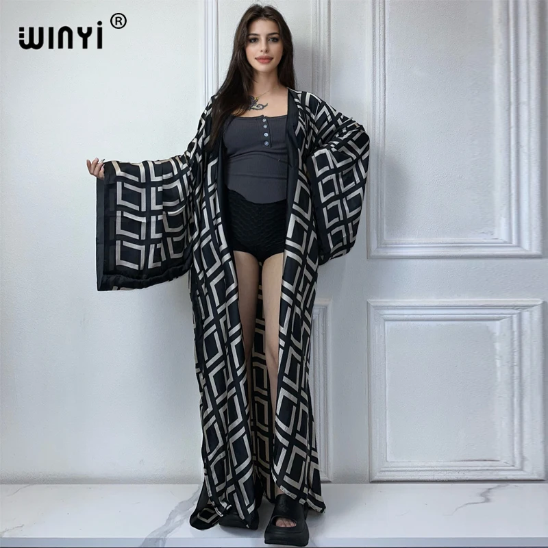 Winyi Zomer Outfit Kimono Afrika Geometrische Print Strand Cover Up Maxi Jurk Vesten Strandkleding Vrouwen 2024 Abaya Dubai Luxe