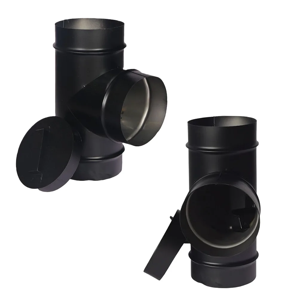 Black Stainless Steel 3 Way Chimney Pipe Tee 100mm 125mm High Temperature Vent Connector With Cap Block For Wood Burning Firepla