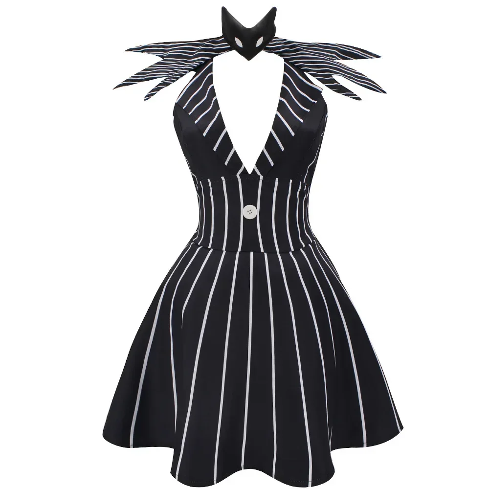 Movie Nightmare Christmas Female Jack Skeleton Cosplay Costume Women Black Skelling Stripe Dress Role Play Uniform Halloween