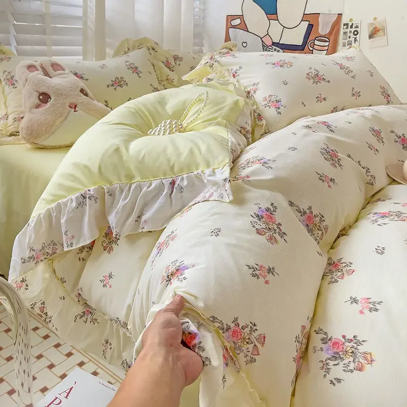 Ins Princess Romantic Duvet Cover Korean Floral Bedding Set Flat Sheet Set Skin-Friendly Washed Cotton Women Girls Bed Linen Set