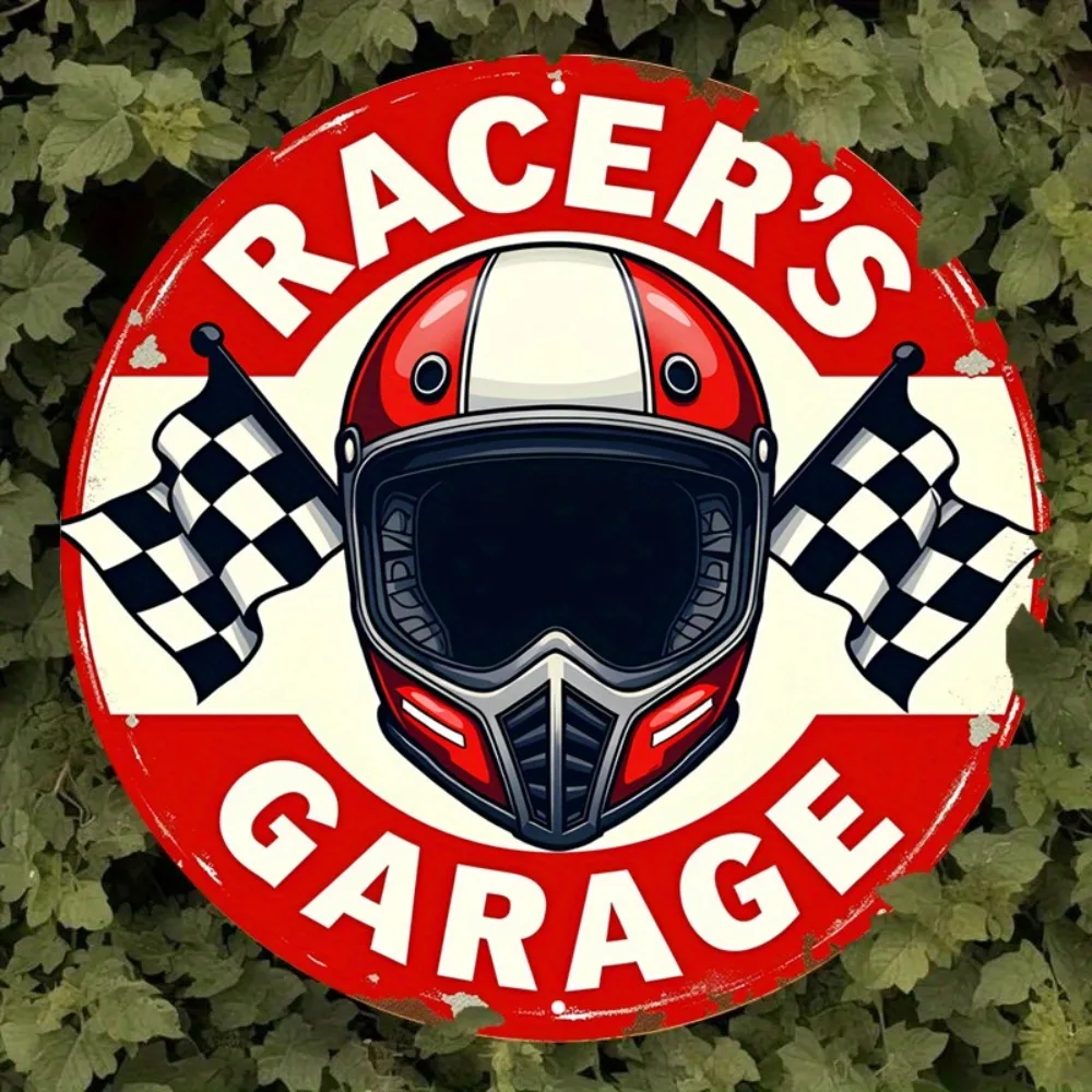 Vintage-Metallschild „Racer's Garage“ – 7,8 x 7,8 Zoll Retro-Rennhelm und karierte Flagge, rot-weiß im Used-Look, Bar-Café-Dekoration