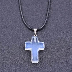 Tiny Natural Stone Turquoise Opal Cross Pendant Necklace With Stones Women Leahter Chain Choker Female Jewelry Party Girls Gift