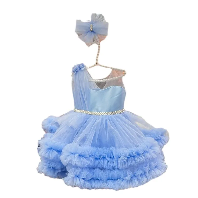 One-Shoulder Princess Dress for Girls Blue Lace Trim Tulle Tutu Skirt for 1st Birthday Party & Formal Events Prom Dresses Kids