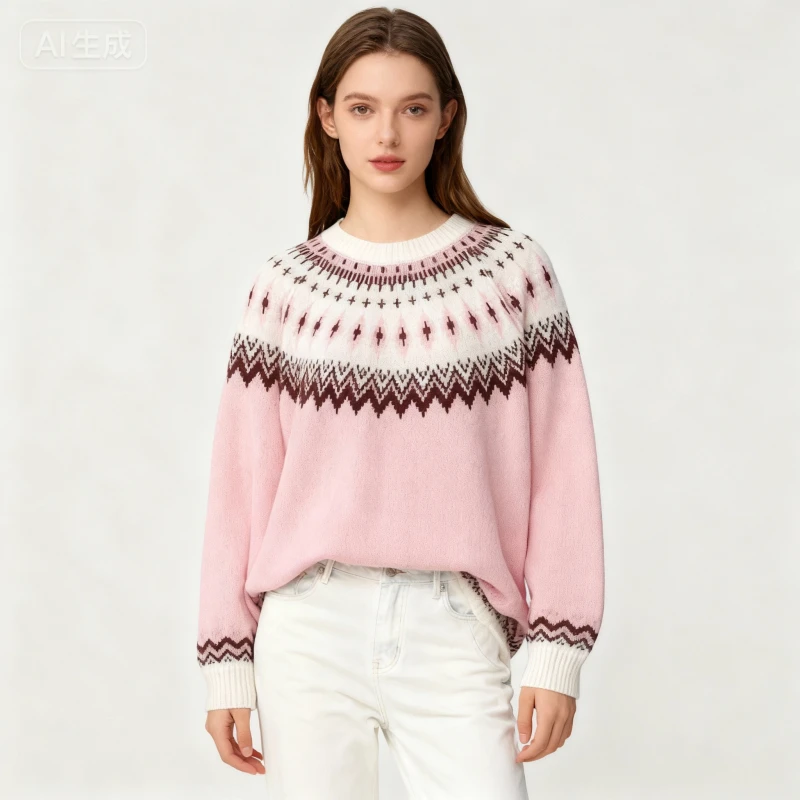 المرأة الجديدة وصول عيد الميلاد احتفالي معرض جزيرة محبوك سترة الوردي طاقم الرقبة فضفاضة تناسب عارضة السترة قمة الموضة #3