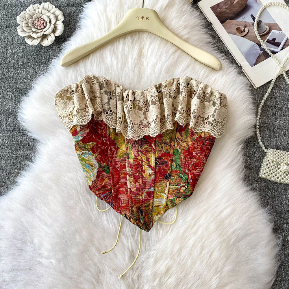 

Jacquard Painting Fishbone Vest Corset Bustier Vintage French Strapless Tube Top Women Sexy Lace Up Sleeveless Crop Tops Summer