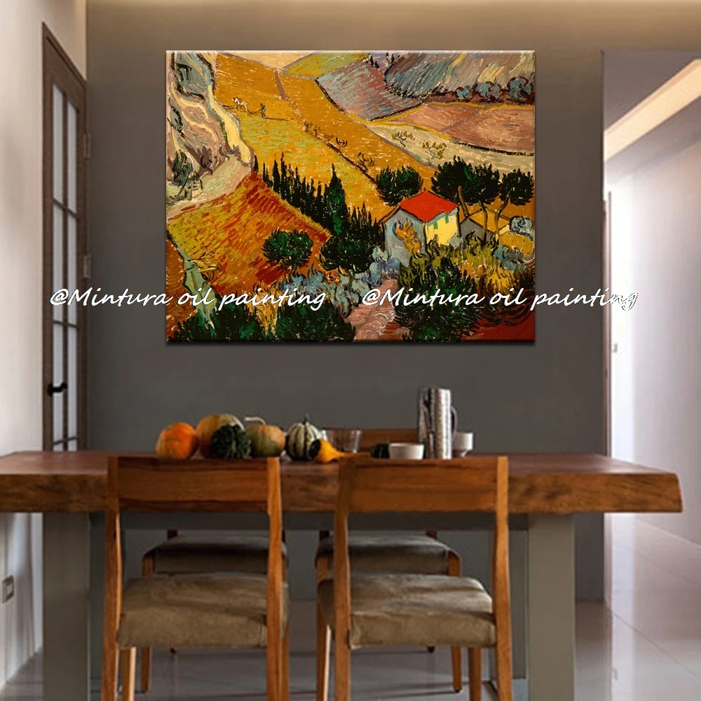 Imagem -05 - Mintura Cópia Artesanal Vincent Van Gogh Paisagem Avec Une Maison et un Laboureur Pinturas a Óleo sobre Tela Arte de Parede Decoração de Casa