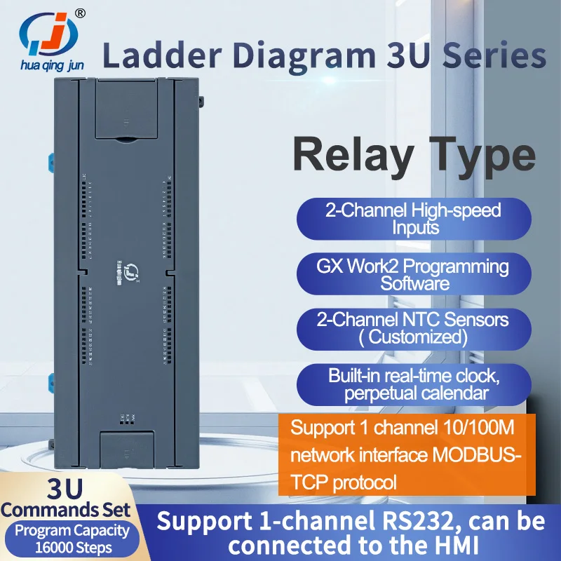 Chingjun 32-Channel IO Relay Output PLC LAN RS485 232 2AI 2AO 4-20mA 0-10V Ladder Diagram 3U 64MR Modbus PLC for IoT Automation