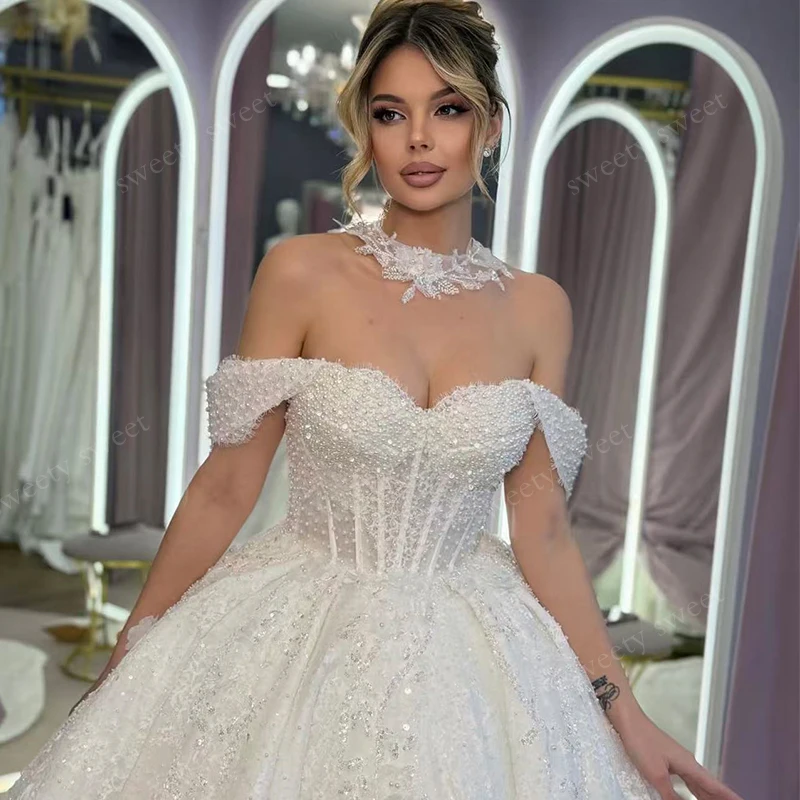 Baroque Wedding Dress Fully Beaded With Embroidery Ball Gown Boat Neck Sleeveless Customized Bride Dress Pearls Vestido De Novia