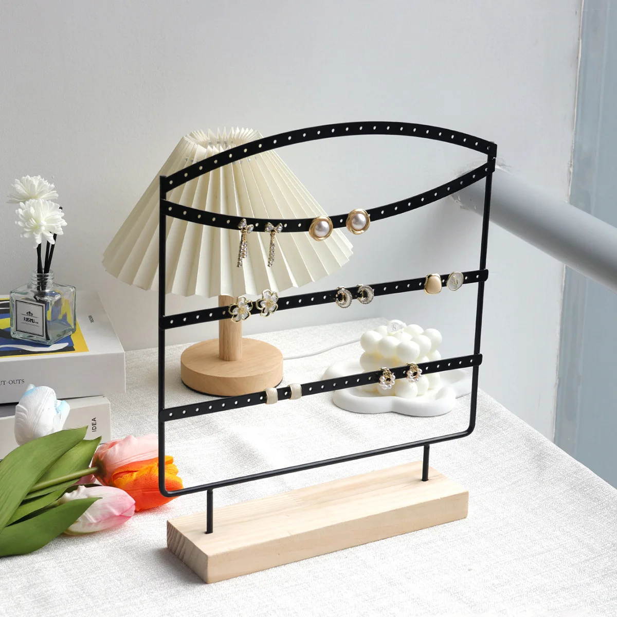 

Органайзер для сережек, 3-уровневый органайзер для ювелирных изделий, подставка для дисплея, металлический держатель для сережек с подставкой из дерева, подставка для ожерелья
