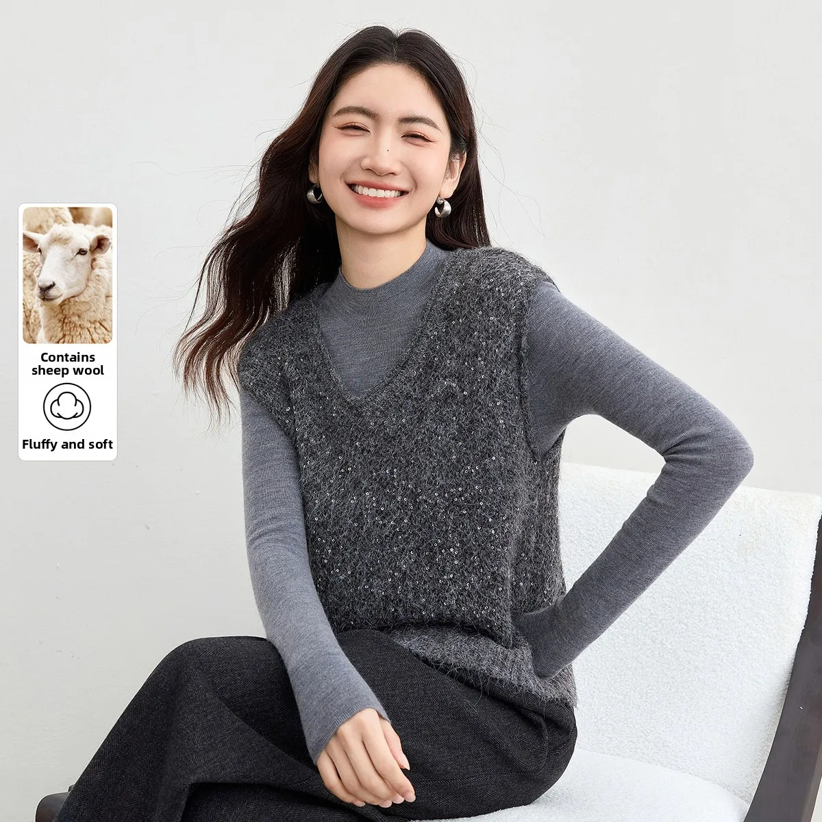 

SENTUBILA женский свитер, жилет, серый свободный жилет без рукавов с v-образным вырезом и блестками, зима 2021, женская одежда, вязаные топы W54JB3651