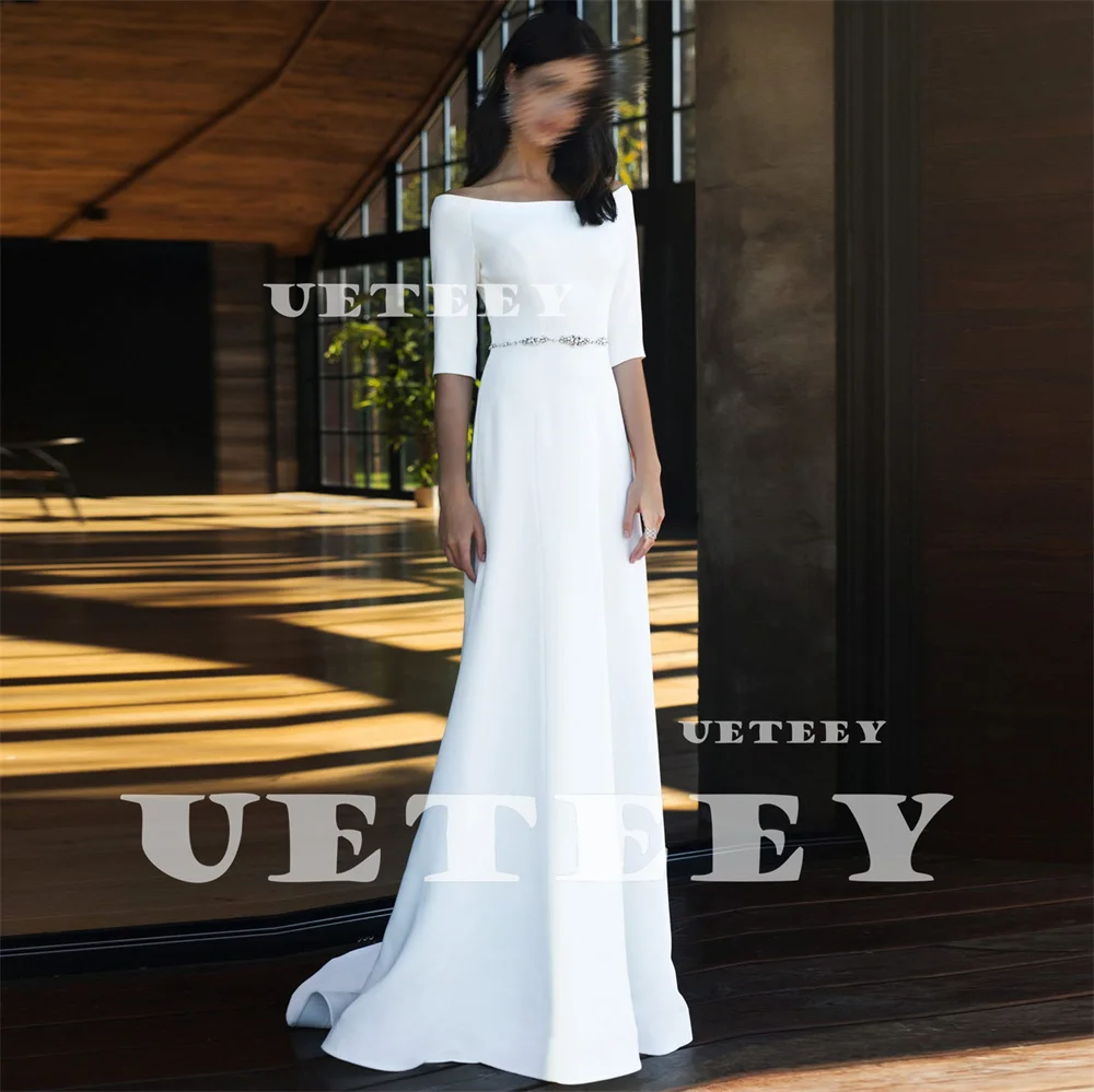 UETEEY Customized Simple Half Sleeves Beaded Crepe A Line Wedding Dress Women Deep Boat Neck Zipper Back Floor Bridal Gown