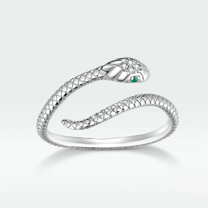 Snake Ring For Women S925 Silver Adjustable Rings Green Zircon Retro Fine Jewelry Pretty Textures Design