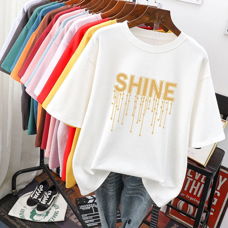 Star Print Short Sleeve T-Shirt for Women Loose Fit New 2026 Summer Trendy Letter Design Large Size Half Sleeve Tee O-Neck Top