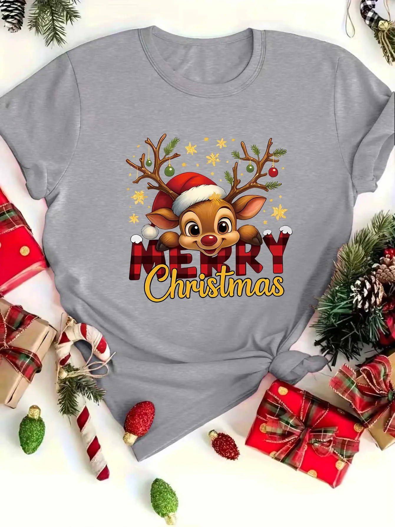    المرأة عيد الميلاد تي شيرت لطيف رودولف الأحمر الأنف الرنة عيد ميلاد سعيد طباعة Y2k السيدات الملابس المتضخم امرأة الملابس