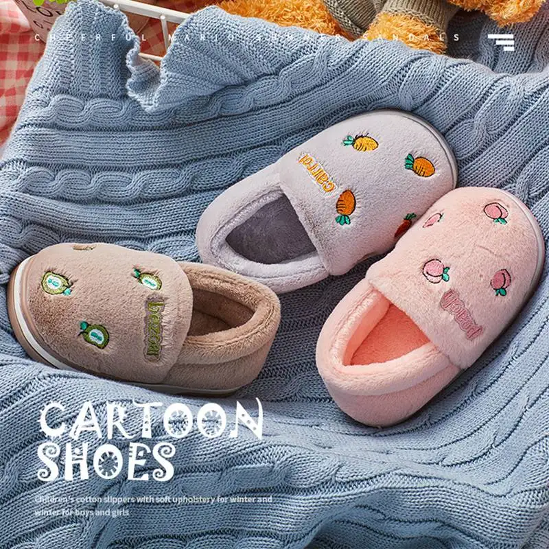 Children's Home Slippers Winter Boys Girls Cute Fruit Pattern Flip Flops Indoor Non-slip Wooden Floor Furry Warm Cotton Shoes