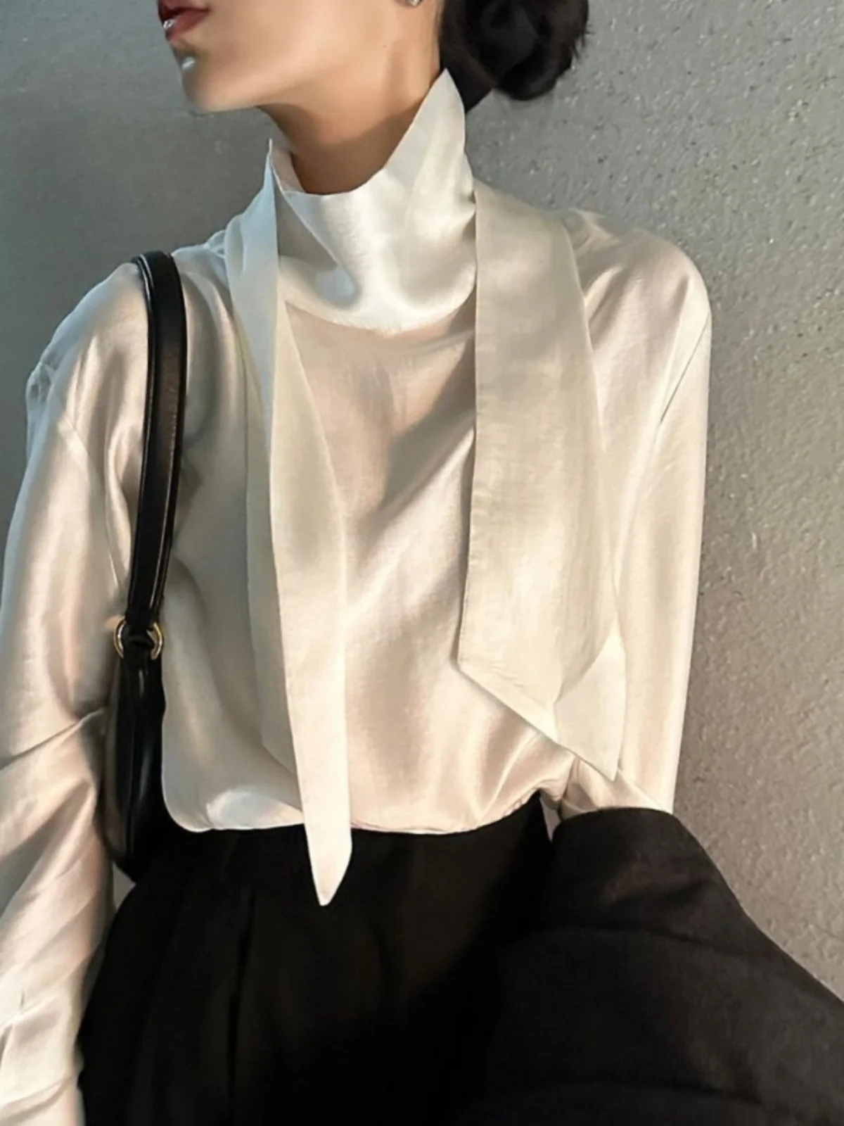 

Ele Long Sve Women's irt Inner Wear Gentle Sa Design Korean Sle Loose Fit Color Commute Faion