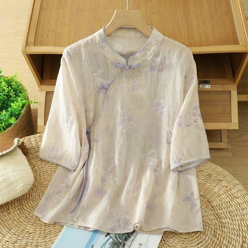 

Chinese Style Retro Butterfly Embroidery Blouse Women High End Slanted Collar with Buckle and Stand Collar Female Shirts