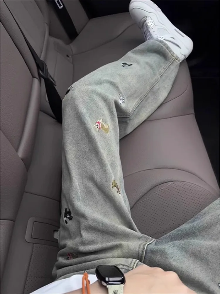 

Мужские джинсы American Sle с вышивкой, прямые, весна-осень, в стиле High Street, с эффектом удлинения ног, облегающие, стройнящие