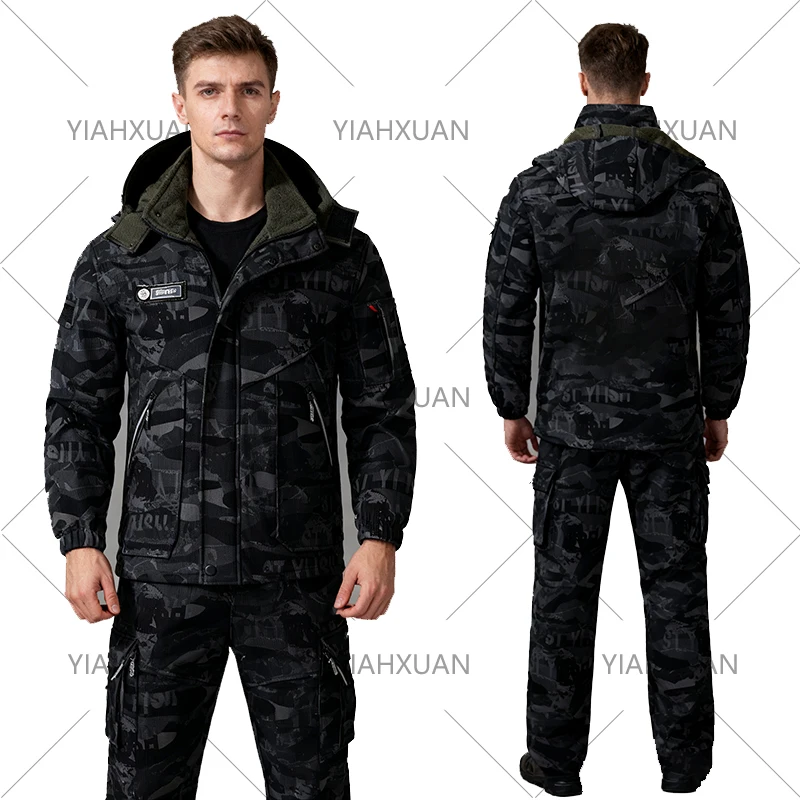 Velvet Work Clothes Autumn Winter Outdoor Casual Men'S Suit Wear-Resistant Dirt-Resistant Warm Multi-Pocket Camouflage Clothing