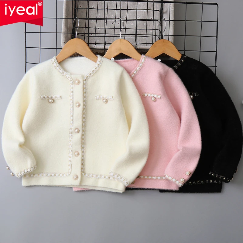 IYEAL Korean Simple O-neck Single-breasted Imitation Mink Velvet Knitted Sweater 2025 Kids Girls New Pearl Buttons Cardigan