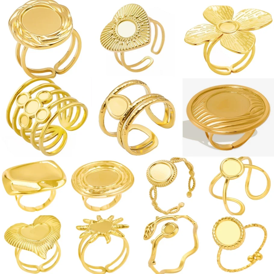1/3Pcs Real Gold Plated High Quality Blank Cabochon Base Setting Geometry Ring For Women Fashion Stainless Steel Adjustable