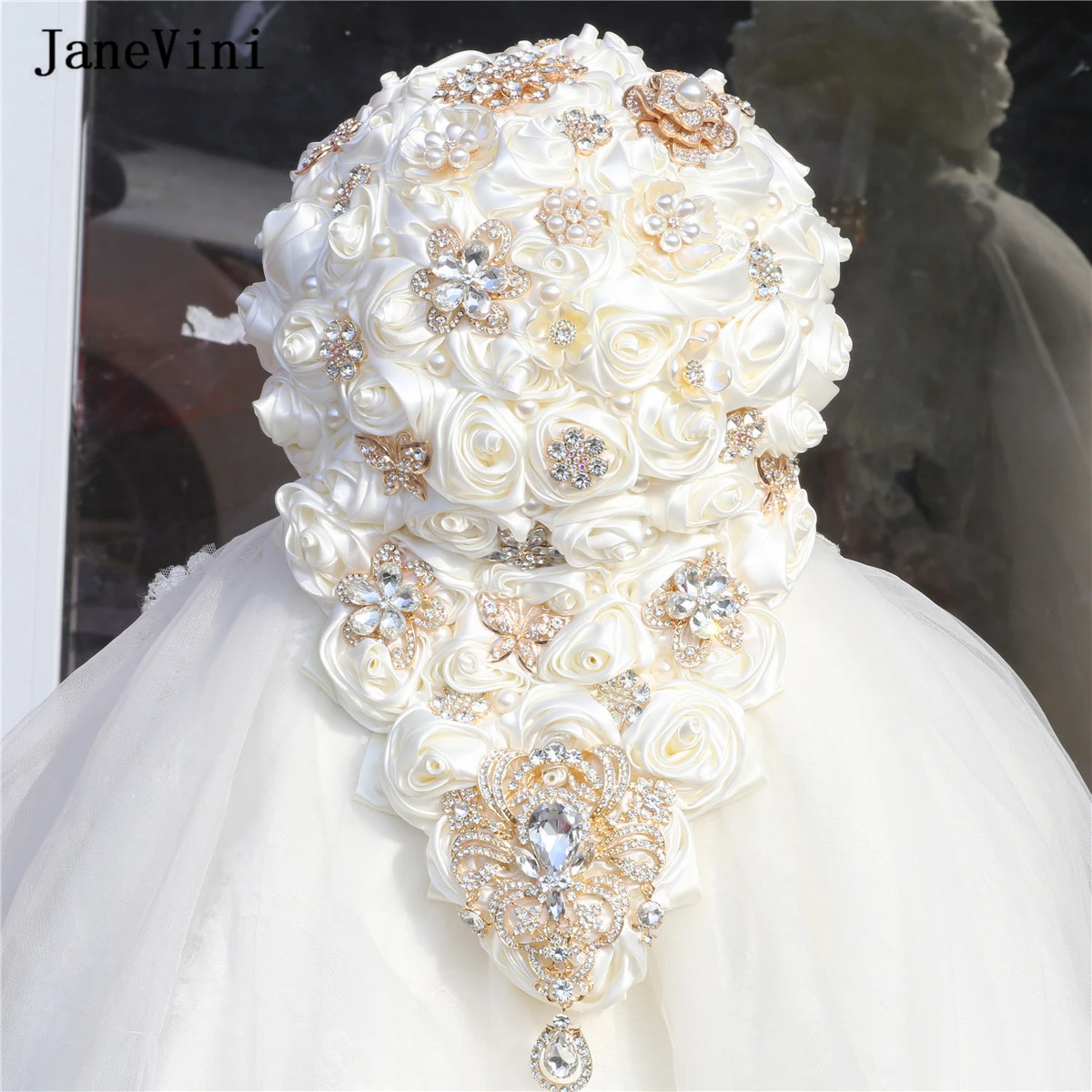 JaneVini Luxury Crystal Waterfall Bridal Bouquets Artificial Ivory Satin Roses Flowers Cascading Bouquet Accessories for Bride