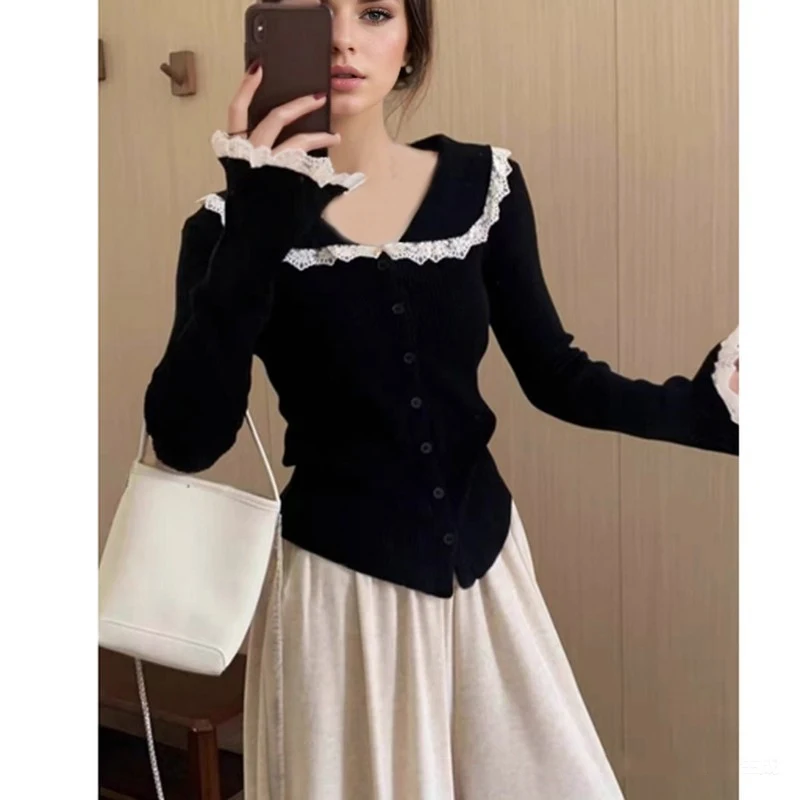 

Осень 2025 г., женский кардиган с длинным рукавом, повседневный вязаный топ с v-образным вырезом, осенний милый кружевной свитер в корейском стиле, элегантный однотонный трикотаж