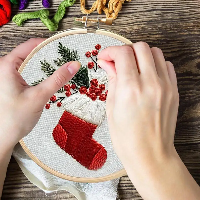 Christmas Embroidery Kit Round Sewing Craft Set Fireplace Christmas Stockings Hand-Stitched Ornament for Beginner Xmas Gift