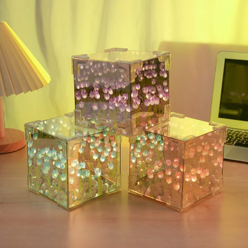 Cubo de decoración del hogar de mar de flores de tulipán Diy creativo, paquete de Material de lámpara de noche pequeña tridimensional para novia y pareja