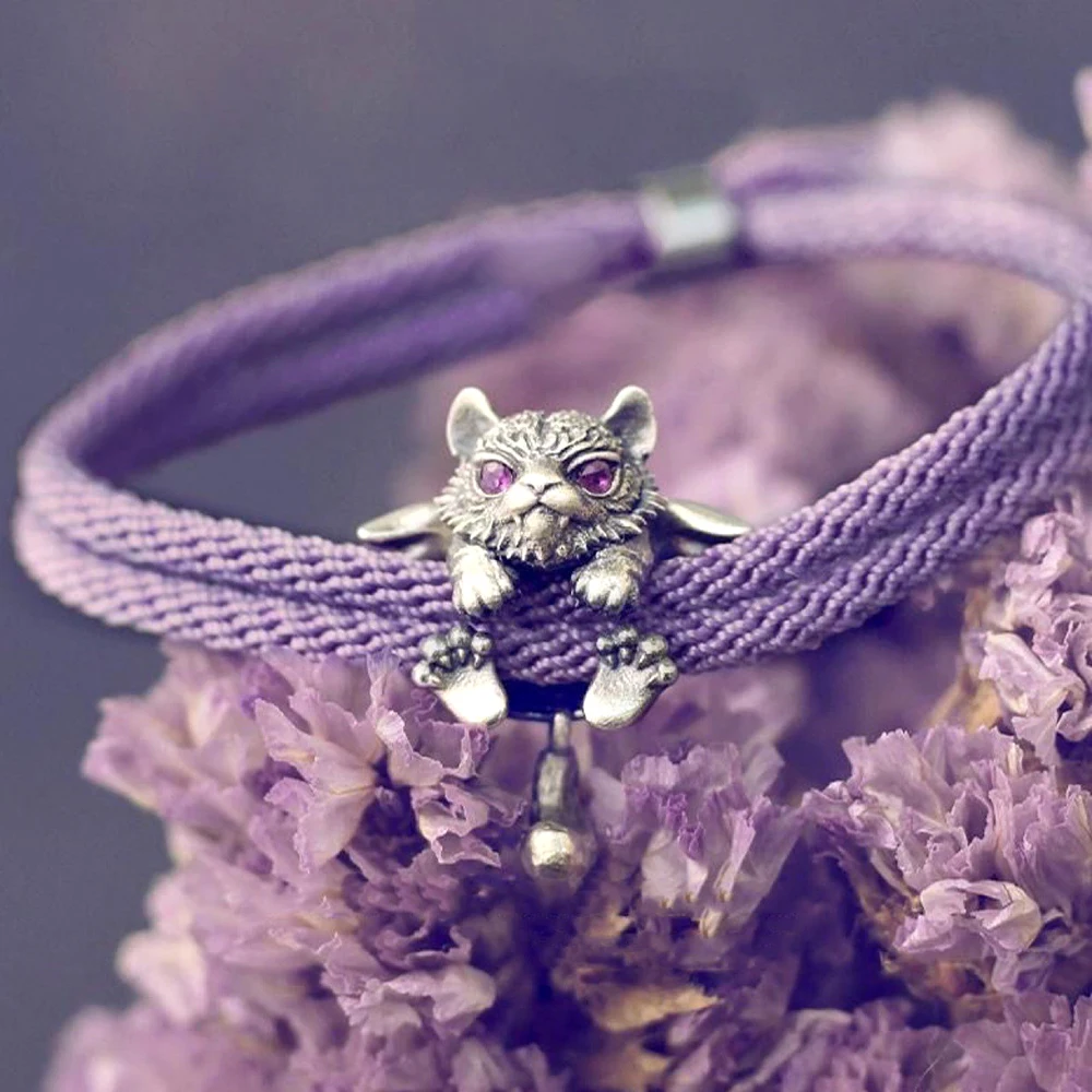 Chinese Zodiac Flying Tiger Lucky Bracelet 3D Carved Antique Tiger Charm Adjustable Braided Rope Wrist Jewelry for Holiday Gift