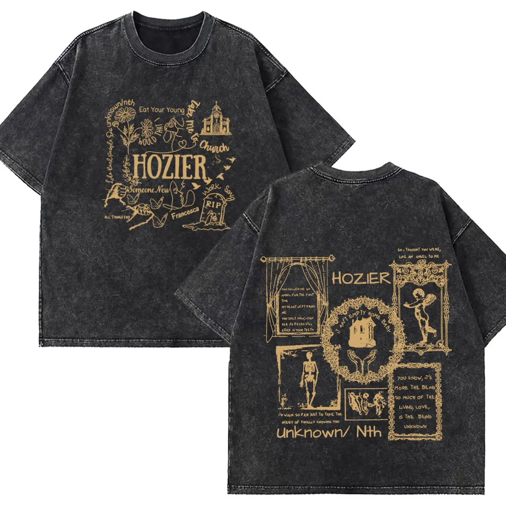 เสื้อยืดฮิปฮอปผู้ชายและผู้หญิง เสื้อยืดโอเวอร์ไซส์แบบฟอกสี เสื้อยืด Hozier Unreal Unheart Tour เสื้อยืดแฟชั่นสไตล์เรโทรฟอกสี เสื้อยืด y2k