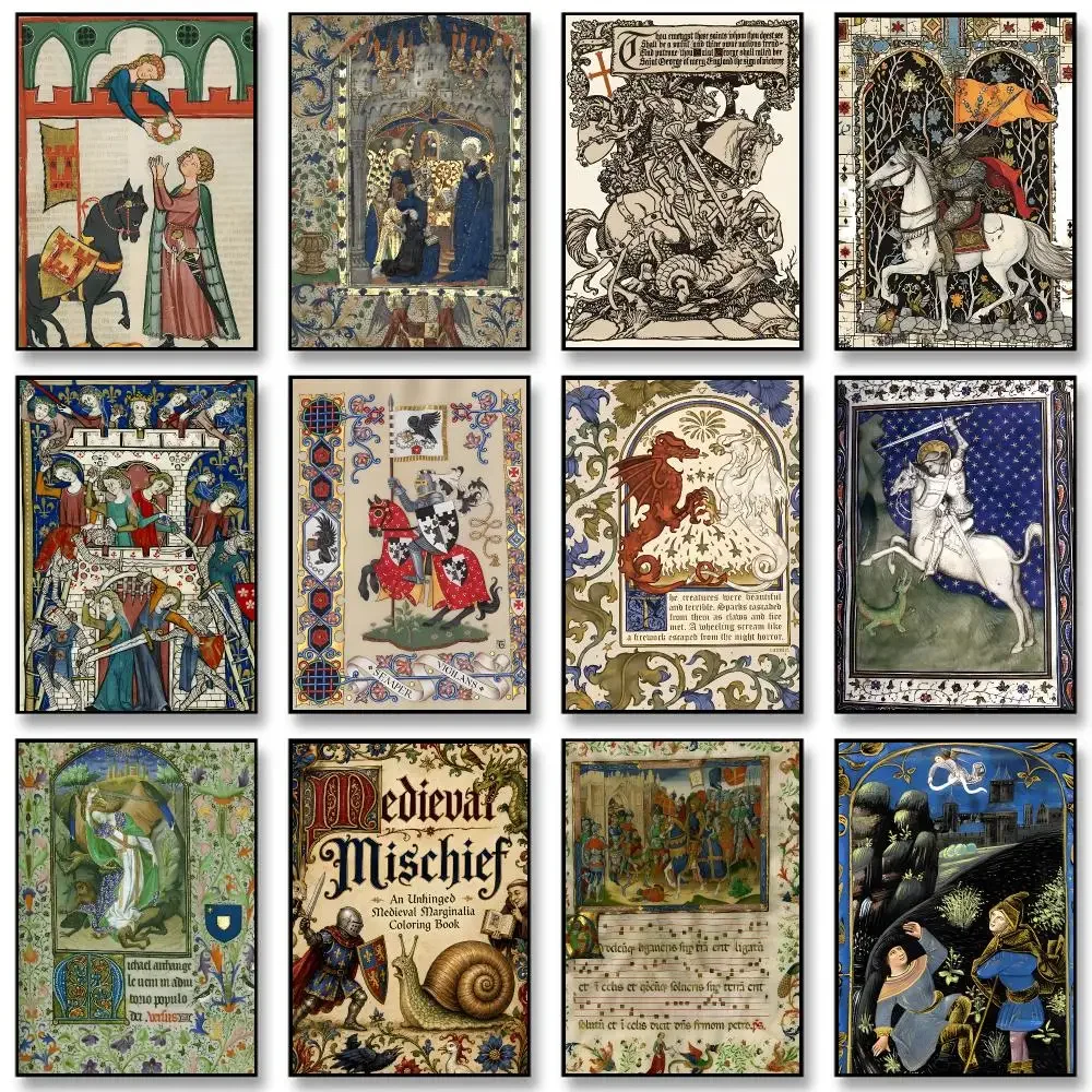 Medieval Gothic Knight Illuminated Manuscript Poster Self-adhesive Living Room Bedroom Party Bar Decor Moisture-proof