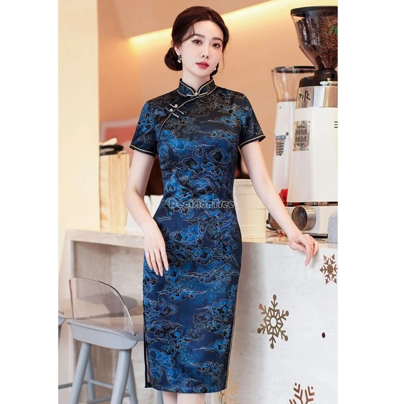 

2024 cloud pattern chinese long cheongsam spring new daily improved slimming retro elegant women short sleeve qipao dress w318