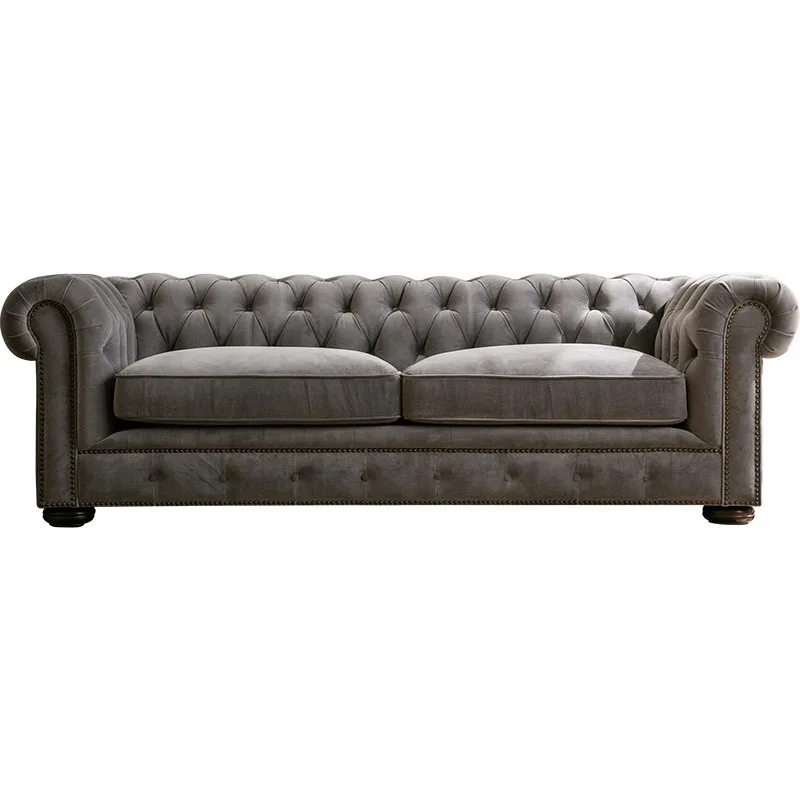 American retro homestay pull-up dark green three-person sofa, living room velvet straight-row sofa
