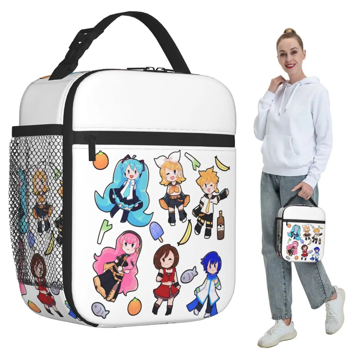 ボーカロイドちびカオス！-ミク断熱ランチバッグ女性用オフィスクーラー保温食品ボックストートポータブル弁当箱コンテナ