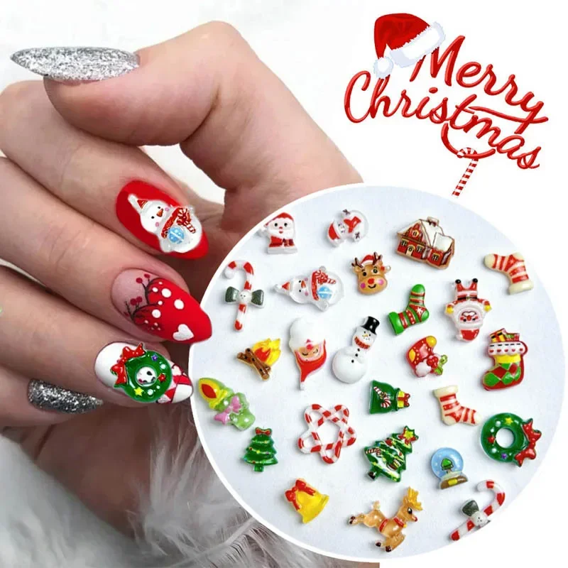 10pcs Kawaii Cartoon Christmas Nail Charm Resin Flatback Santa Claus Snowman New Year Nails Accessories DIY Nail Art Deco Parts